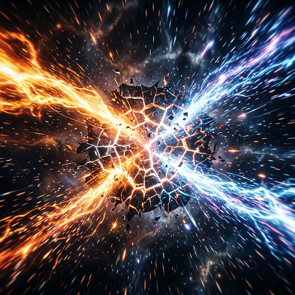 Fiery orange and icy blue energy streams colliding at a cracked central point